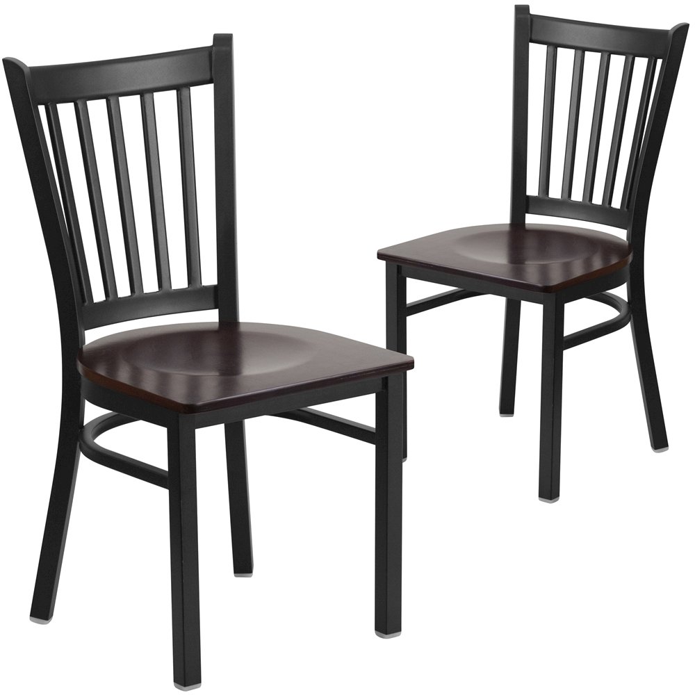 2 Pk. Black Vertical Back Metal Restaurant Chair - Walnut Wood Seat. Picture 1