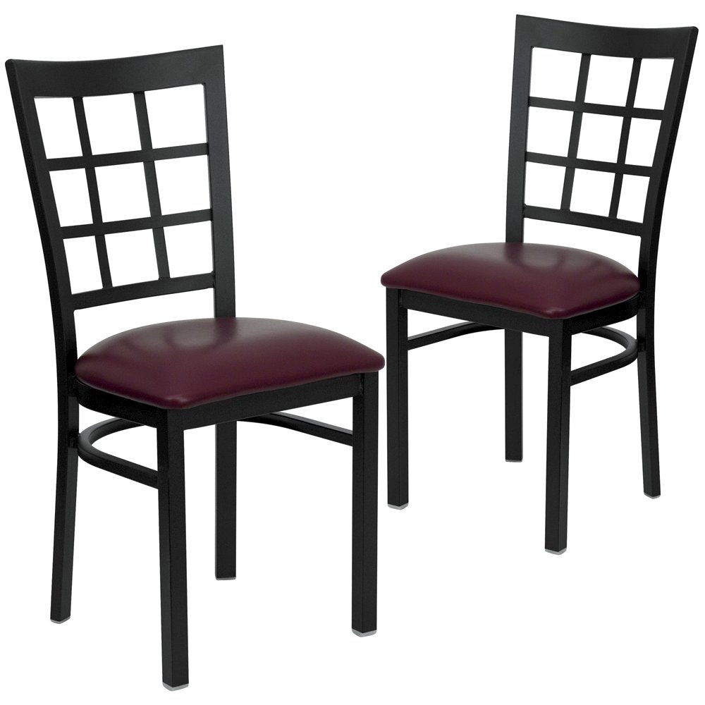 2 Pk. Black Window Back Metal Restaurant Chair - Burgundy Vinyl Seat. Picture 1