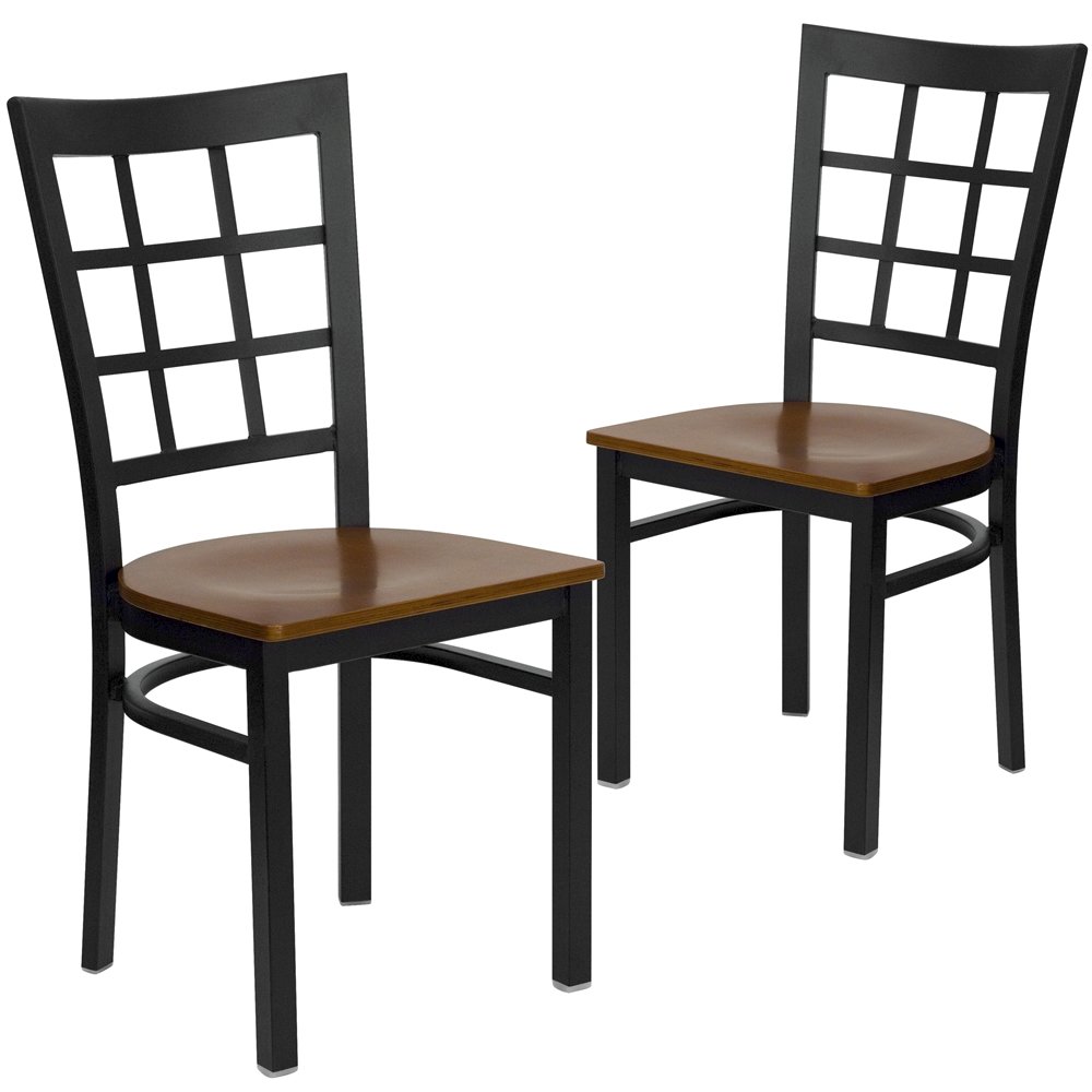 2 Pk. Black Window Back Metal Restaurant Chair - Cherry Wood Seat. Picture 1