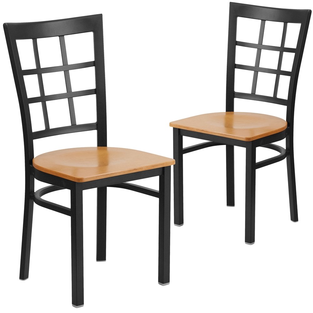 2 Pk. Black Window Back Metal Restaurant Chair - Natural Wood Seat. Picture 1