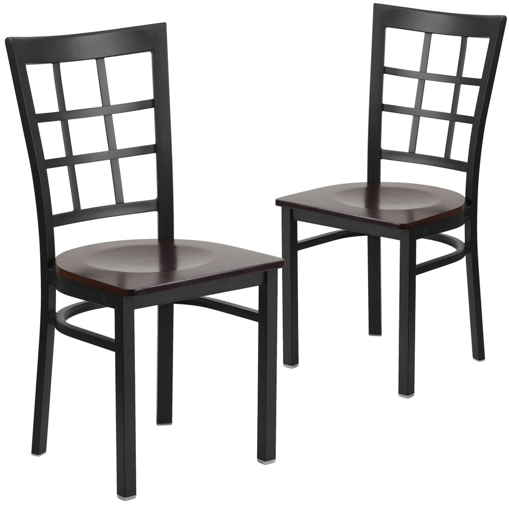 2 Pk. Black Window Back Metal Restaurant Chair - Walnut Wood Seat. Picture 1