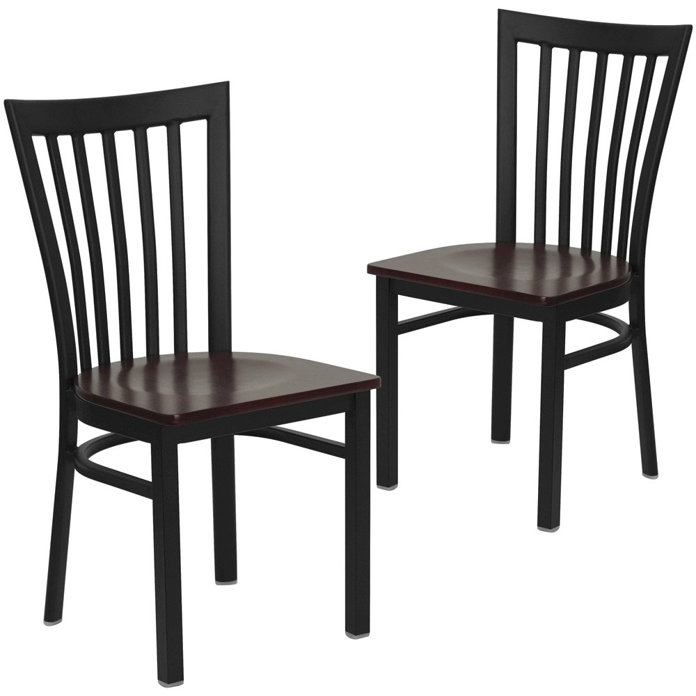 2 Pk. Black School House Back Metal Restaurant Chair - Mahogany Wood Seat. Picture 1