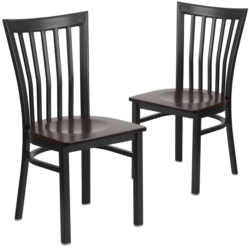 2 Pk. Black School House Back Metal Restaurant Chair - Walnut Wood Seat. Picture 1