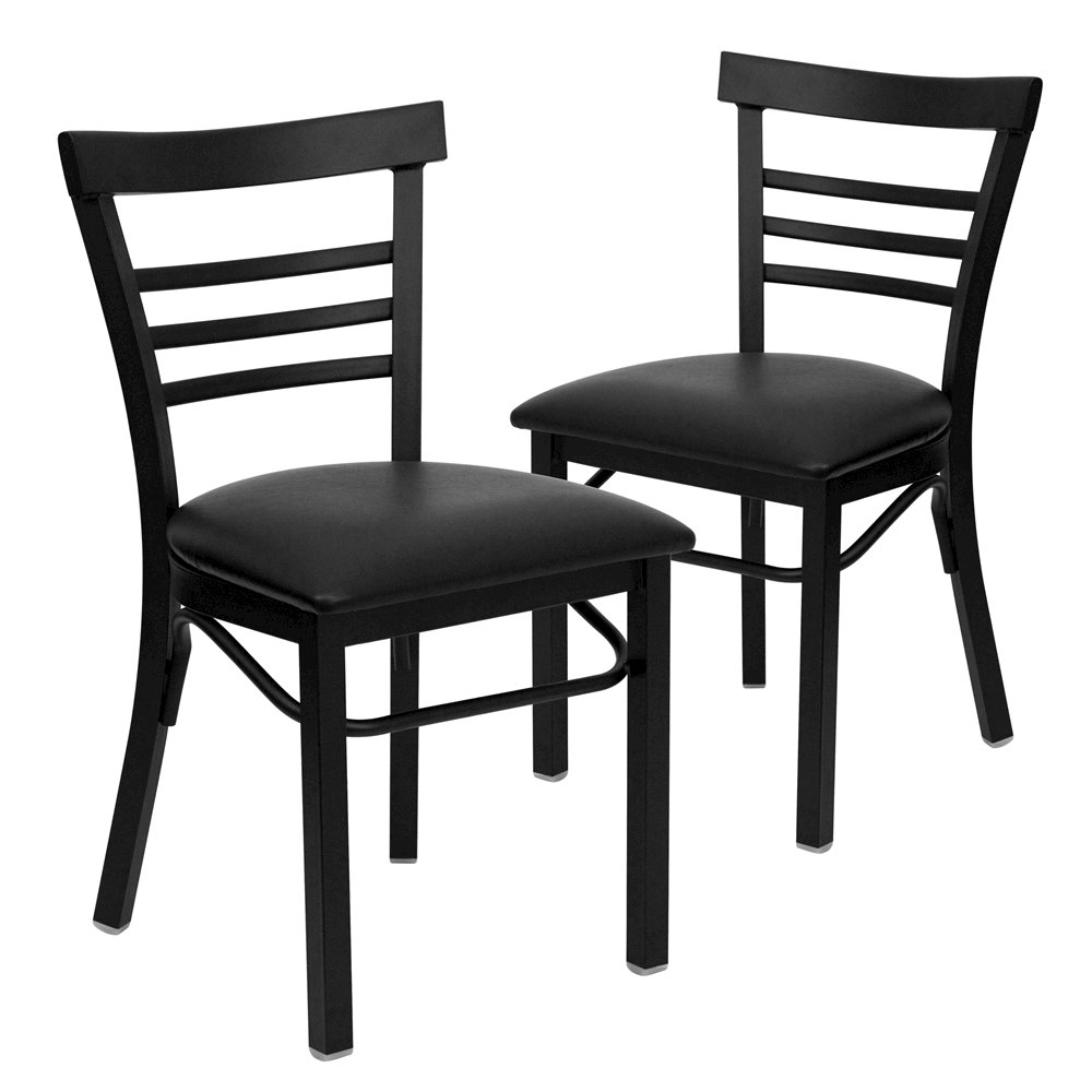 2 Pk. Black Ladder Back Metal Restaurant Chair - Black Vinyl Seat. Picture 1