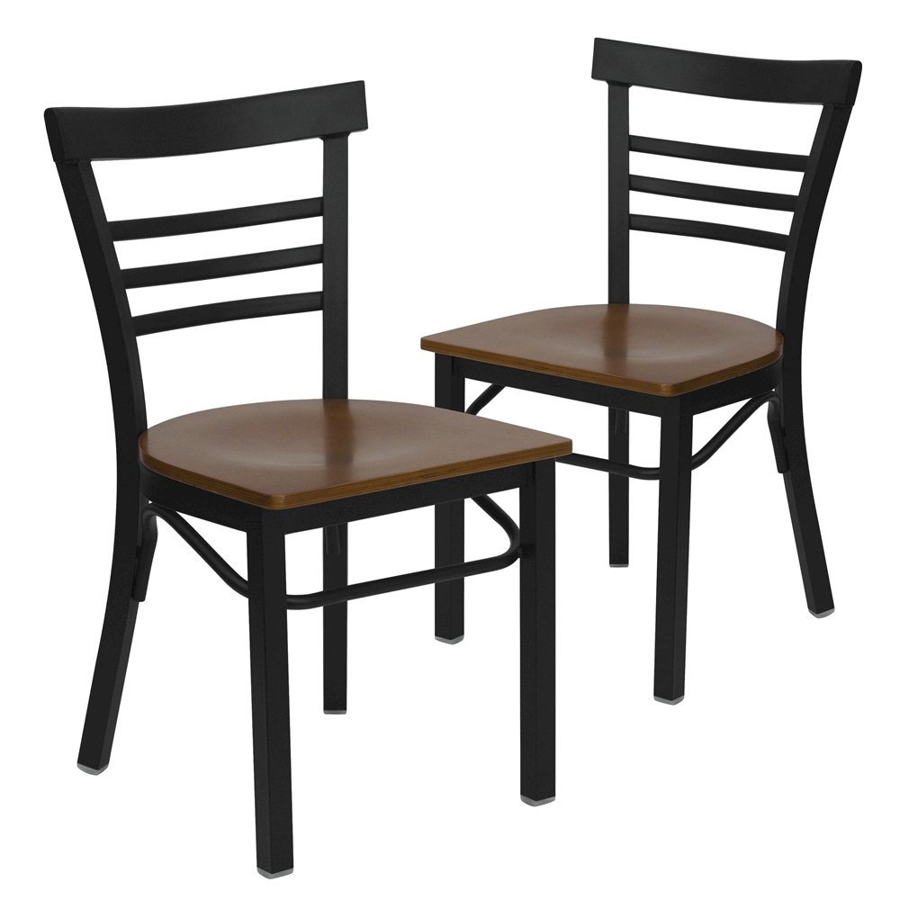 2 Pk. Black Ladder Back Metal Restaurant Chair - Cherry Wood Seat. Picture 1