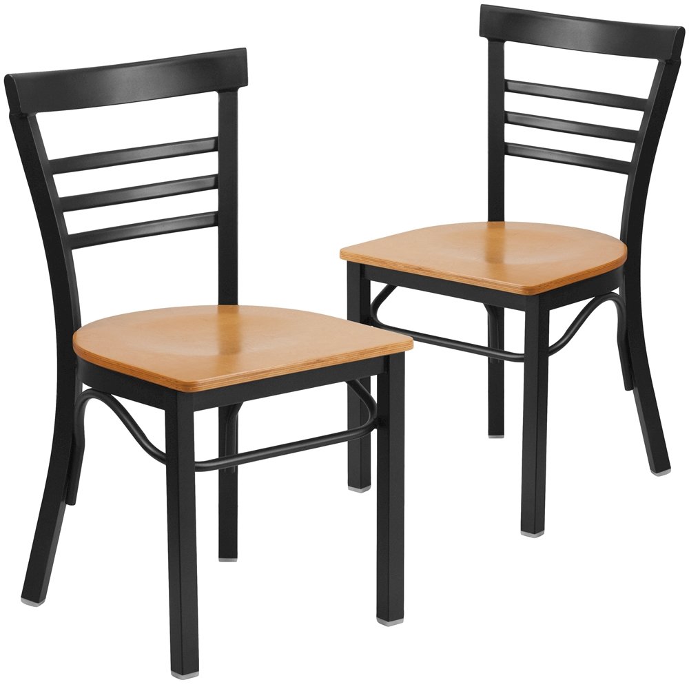 2 Pk. Black Ladder Back Metal Restaurant Chair - Natural Wood Seat. Picture 1