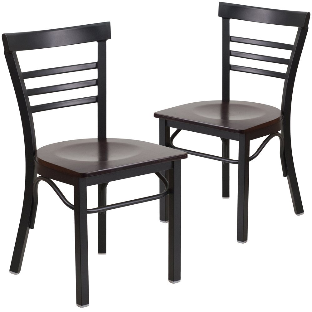 2 Pk. Black Ladder Back Metal Restaurant Chair - Walnut Wood Seat. Picture 1