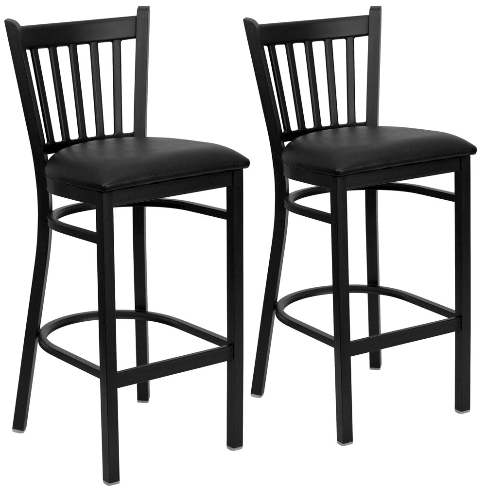 2 Pk. Black Vertical Back Metal Restaurant Barstool - Black Vinyl Seat. Picture 1