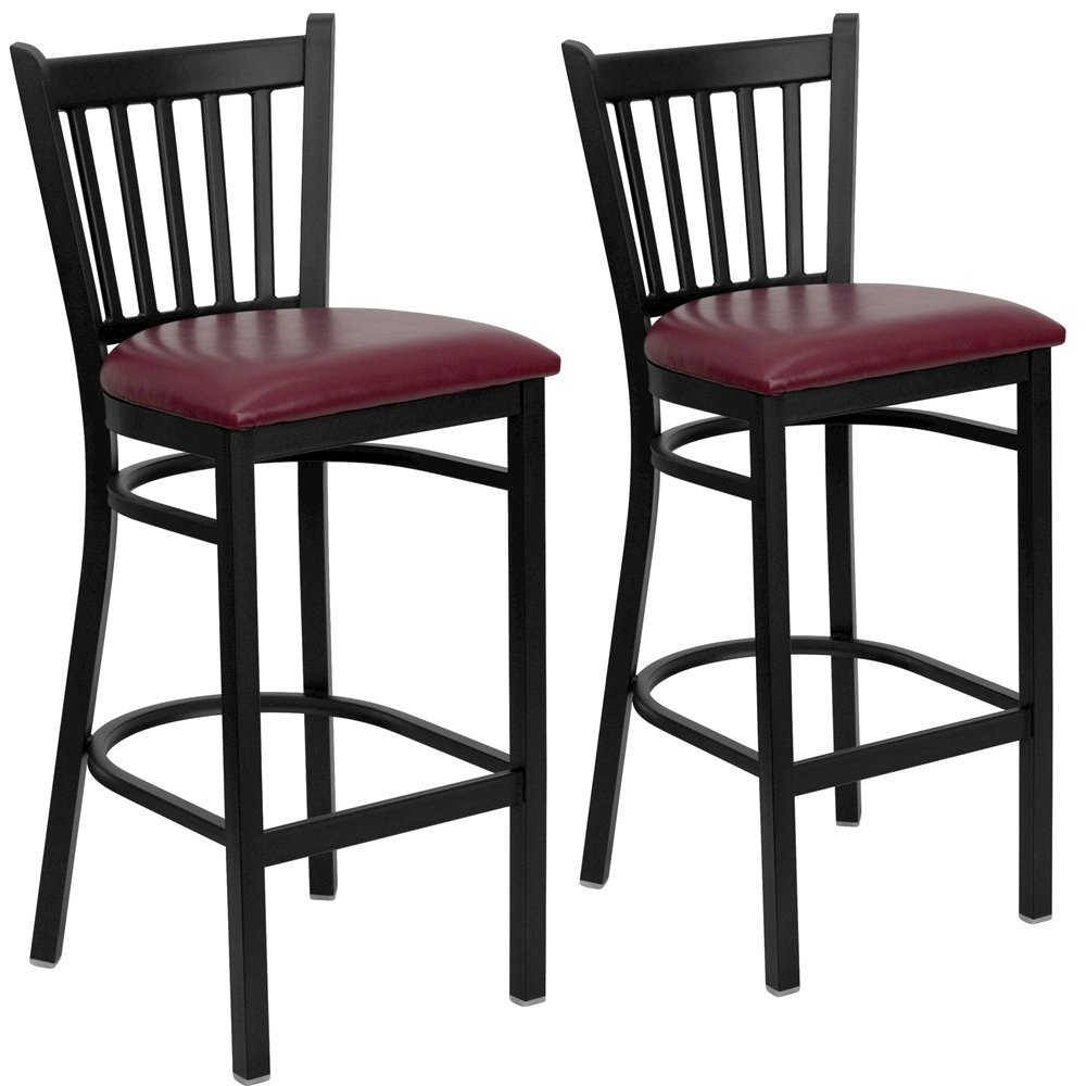 2 Pk. Black Vertical Back Metal Restaurant Barstool - Burgundy Vinyl Seat. Picture 1