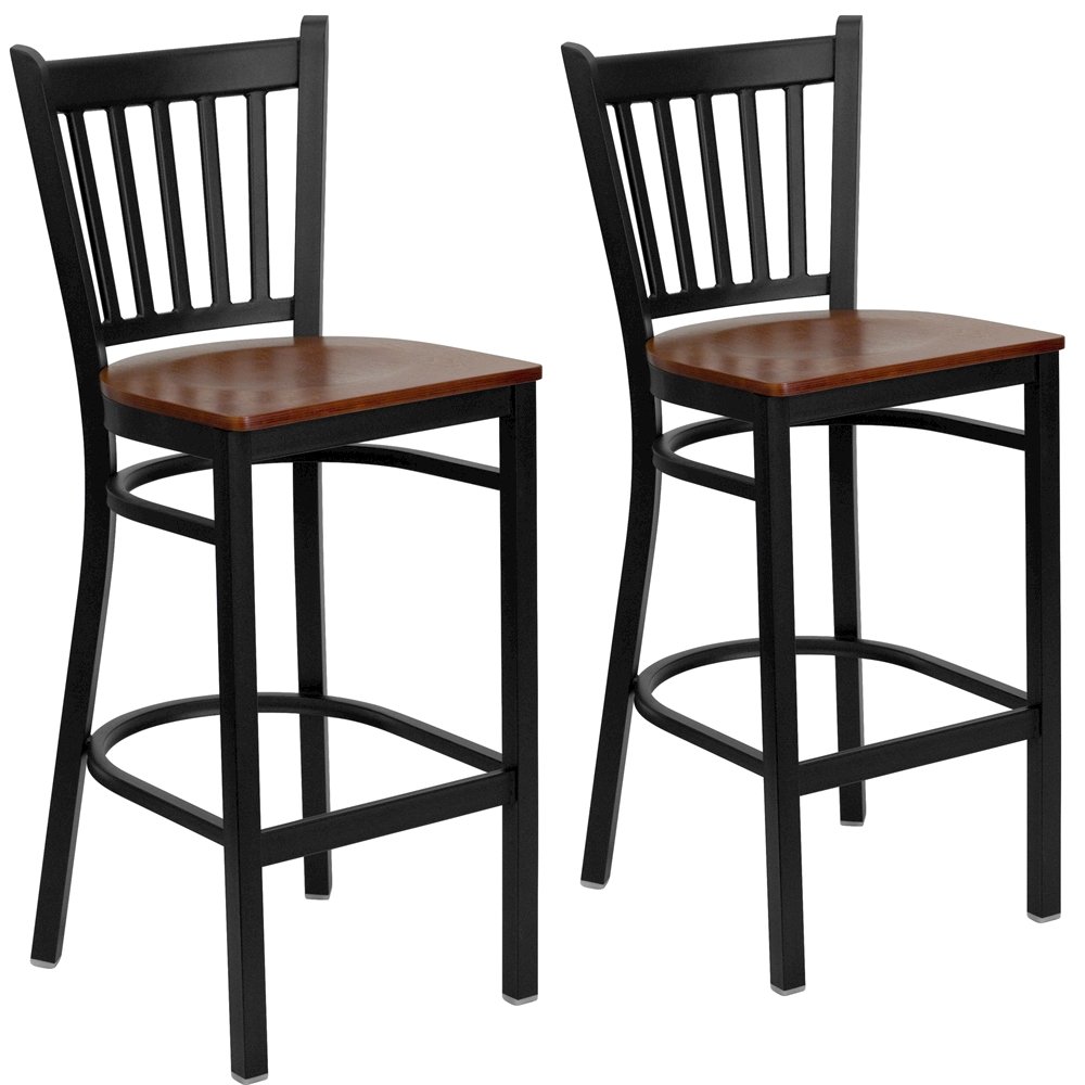 2 Pk. Black Vertical Back Metal Restaurant Barstool - Cherry Wood Seat. Picture 1