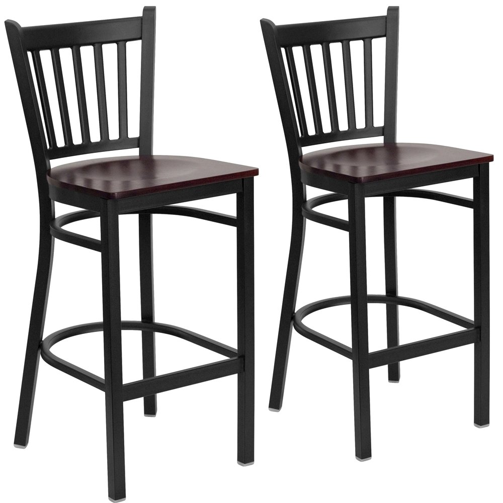 2 Pk. Black Vertical Back Metal Restaurant Barstool - Mahogany Wood Seat. Picture 1
