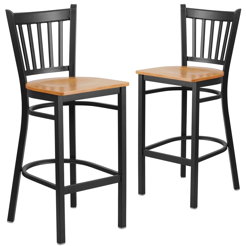 2 Pk. Black Vertical Back Metal Restaurant Barstool - Natural Wood Seat. Picture 1