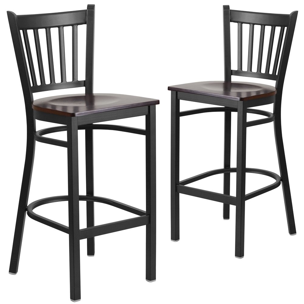2 Pk. Black Vertical Back Metal Restaurant Barstool - Walnut Wood Seat. Picture 1