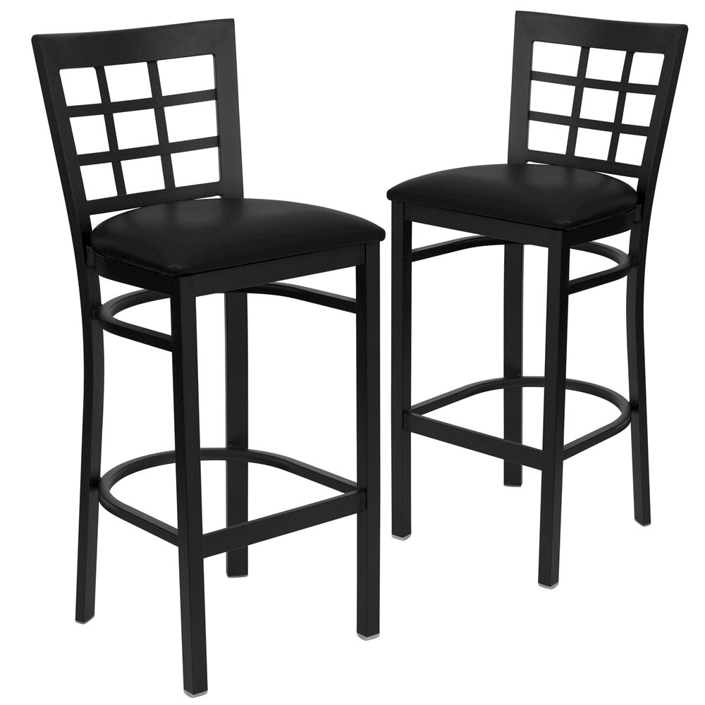 2 Pk. Black Window Back Metal Restaurant Barstool - Black Vinyl Seat. Picture 1