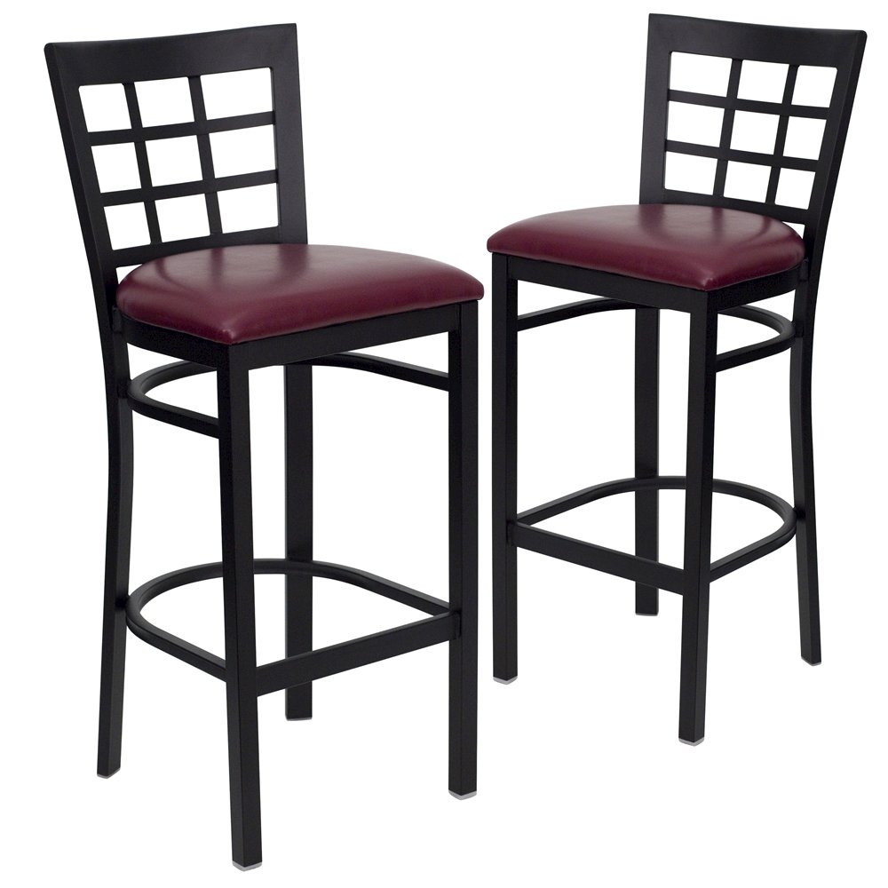 2 Pk. Black Window Back Metal Restaurant Barstool - Burgundy Vinyl Seat. Picture 1