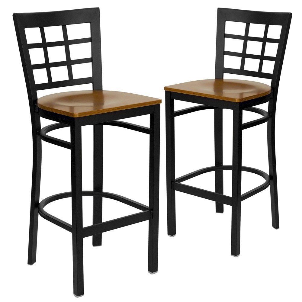2 Pk. Black Window Back Metal Restaurant Barstool - Cherry Wood Seat. Picture 1