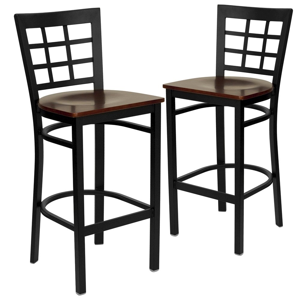 2 Pk. Black Window Back Metal Restaurant Barstool - Mahogany Wood Seat. Picture 1