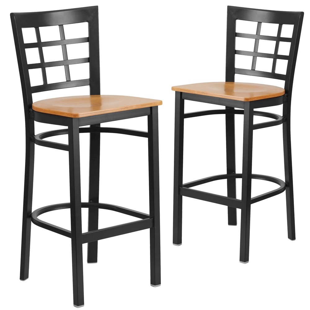 2 Pk. Black Window Back Metal Restaurant Barstool - Natural Wood Seat. Picture 1