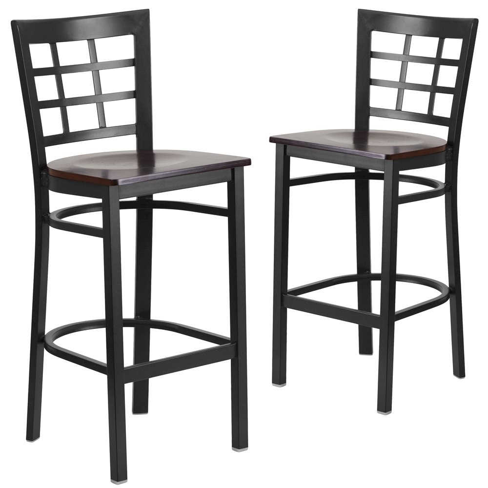 2 Pk. Black Window Back Metal Restaurant Barstool - Walnut Wood Seat. Picture 1