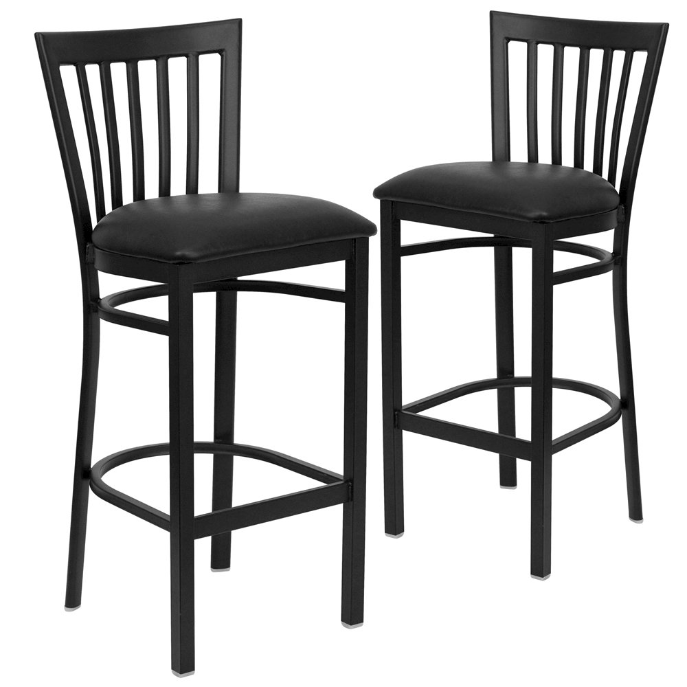 2 Pk. Black School House Back Metal Restaurant Barstool - Black Vinyl Seat. Picture 1