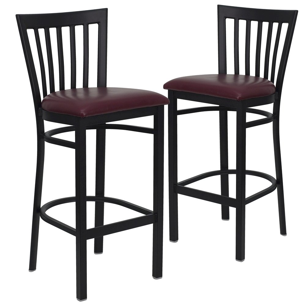 2 Pk. Black School House Back Metal Restaurant Barstool - Burgundy Vinyl Seat. Picture 1