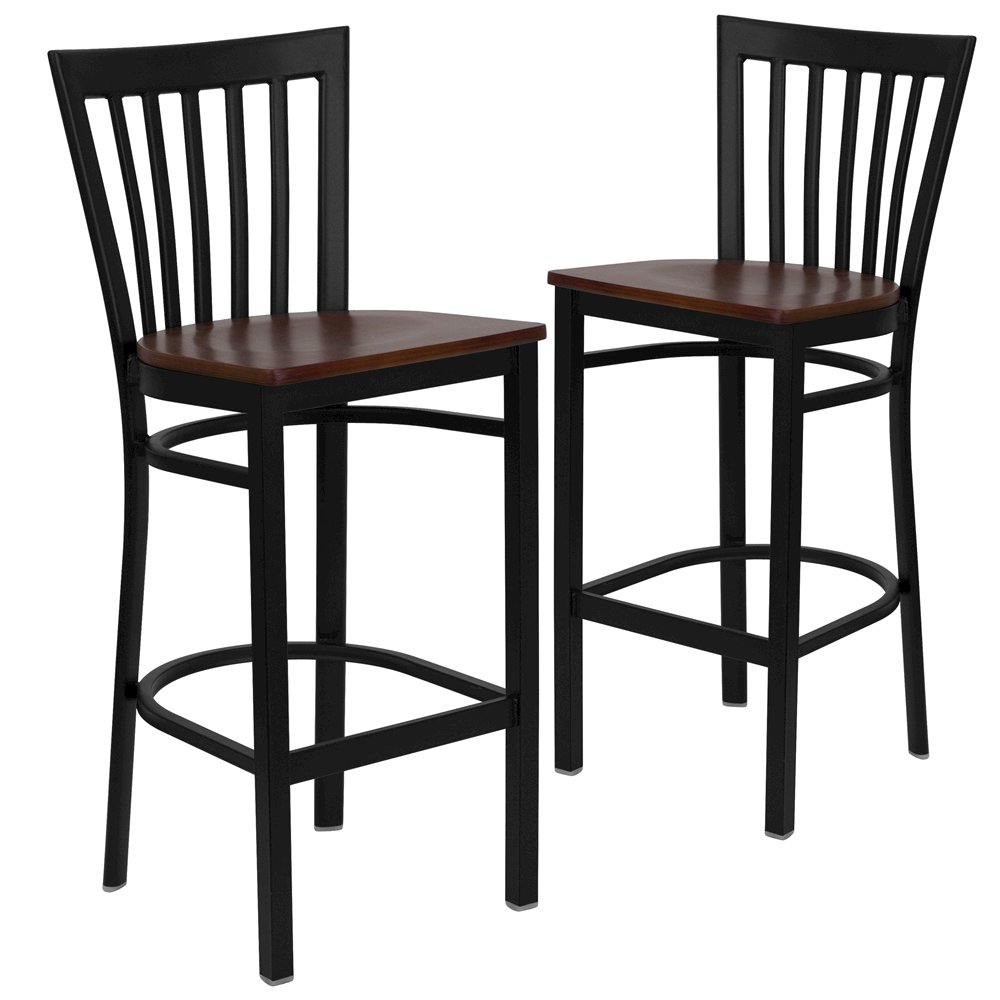 2 Pk. Black School House Back Metal Restaurant Barstool - Cherry Wood Seat. Picture 1