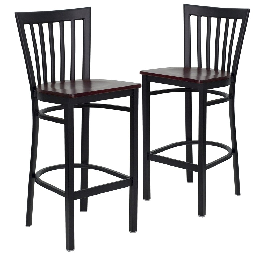 2 Pk. Black School House Back Metal Restaurant Barstool - Mahogany Wood Seat. Picture 1