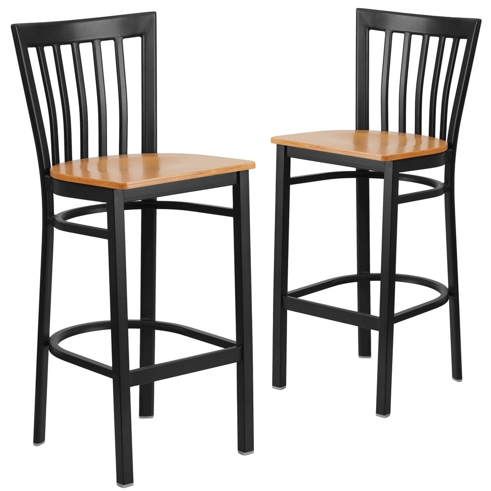 2 Pk. Black School House Back Metal Restaurant Barstool - Natural Wood Seat. Picture 1