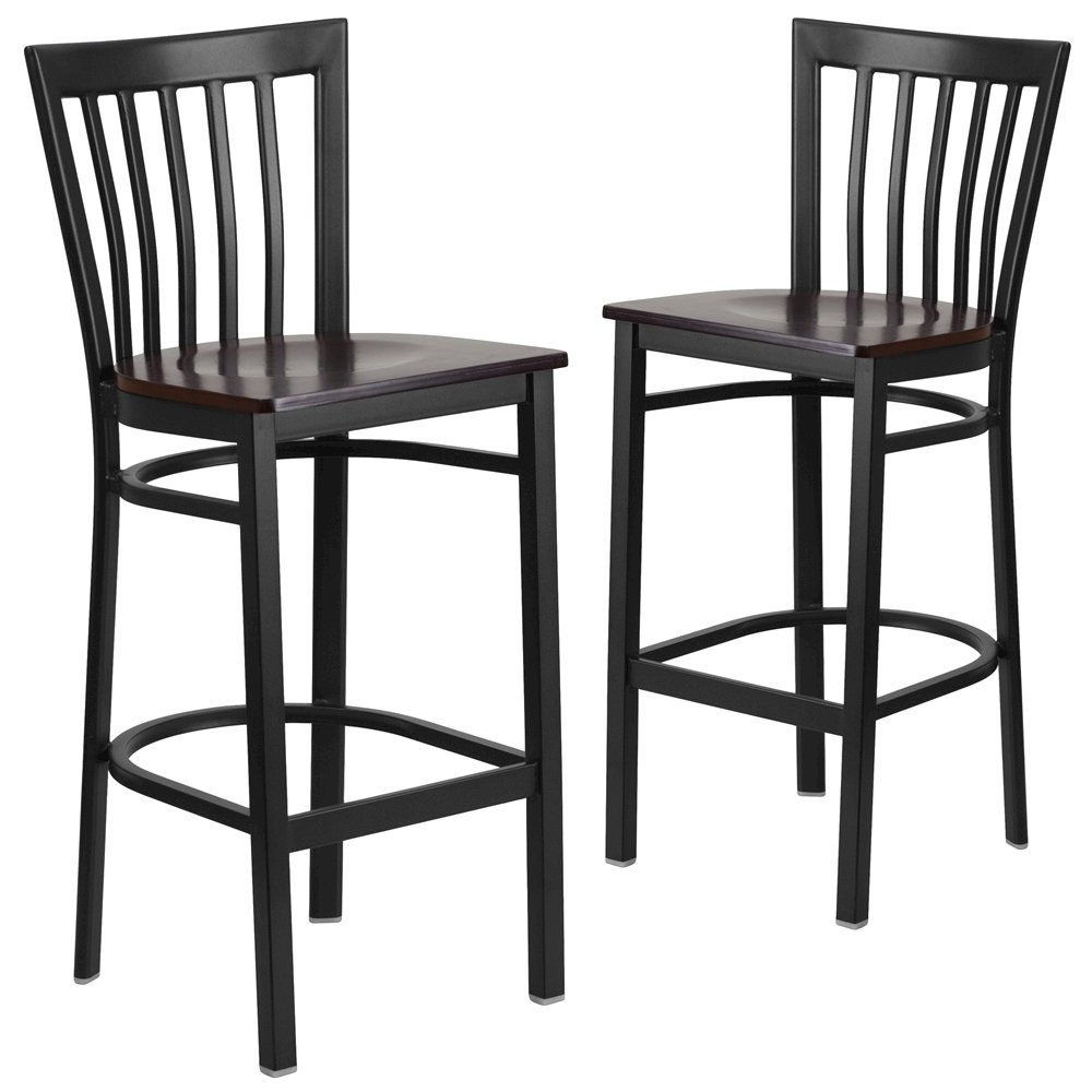 2 Pk. Black School House Back Metal Restaurant Barstool - Walnut Wood Seat. Picture 1