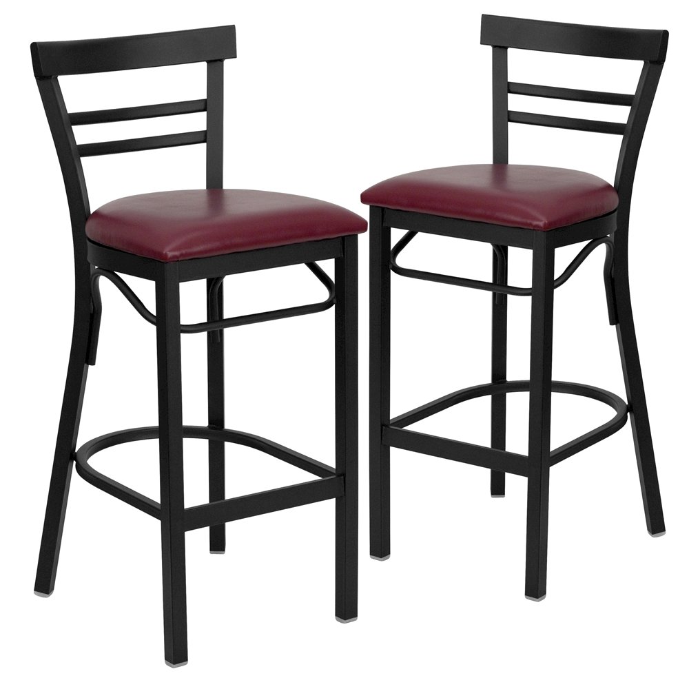 2 Pk. Black Ladder Back Metal Restaurant Barstool - Burgundy Vinyl Seat. Picture 1