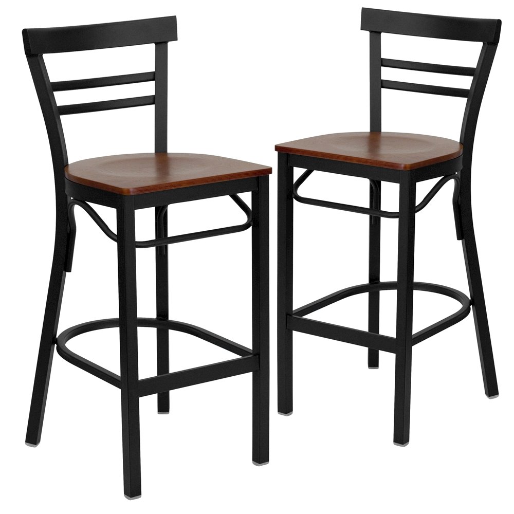 2 Pk. Black Ladder Back Metal Restaurant Barstool - Cherry Wood Seat. Picture 1