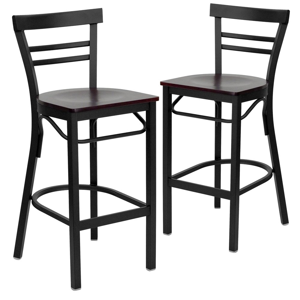 2 Pk. Black Ladder Back Metal Restaurant Barstool - Mahogany Wood Seat. Picture 1