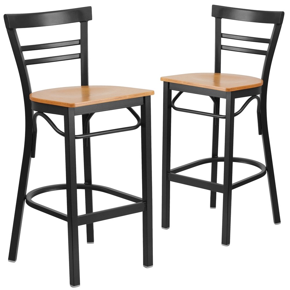 2 Pk. Black Ladder Back Metal Restaurant Barstool - Natural Wood Seat. Picture 1