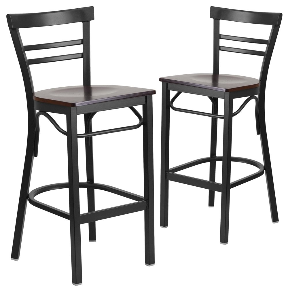 2 Pk. Black Ladder Back Metal Restaurant Barstool - Walnut Wood Seat. Picture 1