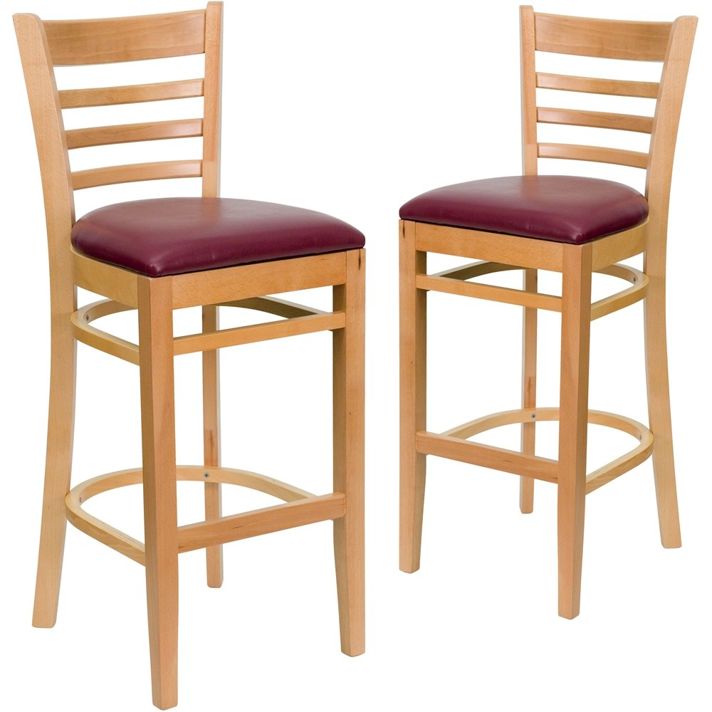 2 Pk. Natural Wood Finished Ladder Back Wooden Barstool - Burgundy Vinyl Seat. Picture 1