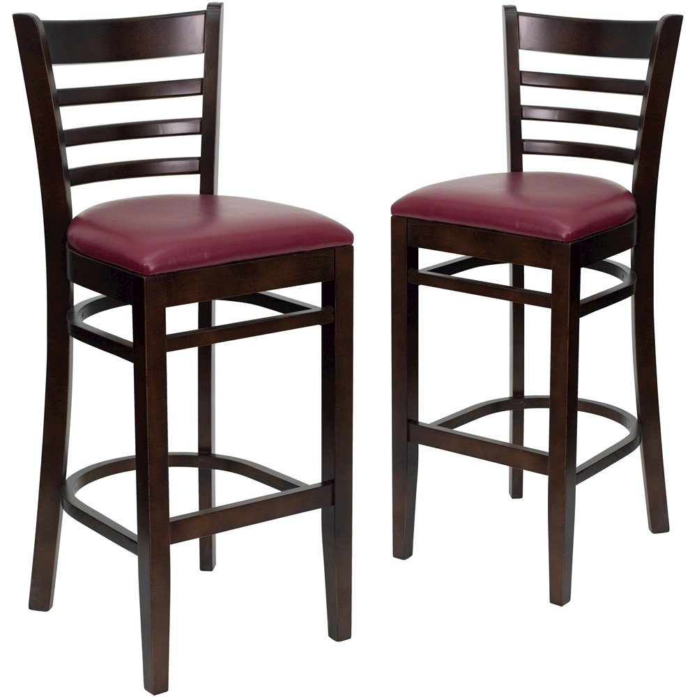 2 Pk. Walnut Finished Ladder Back Wooden Barstool - Burgundy Vinyl Seat. Picture 1