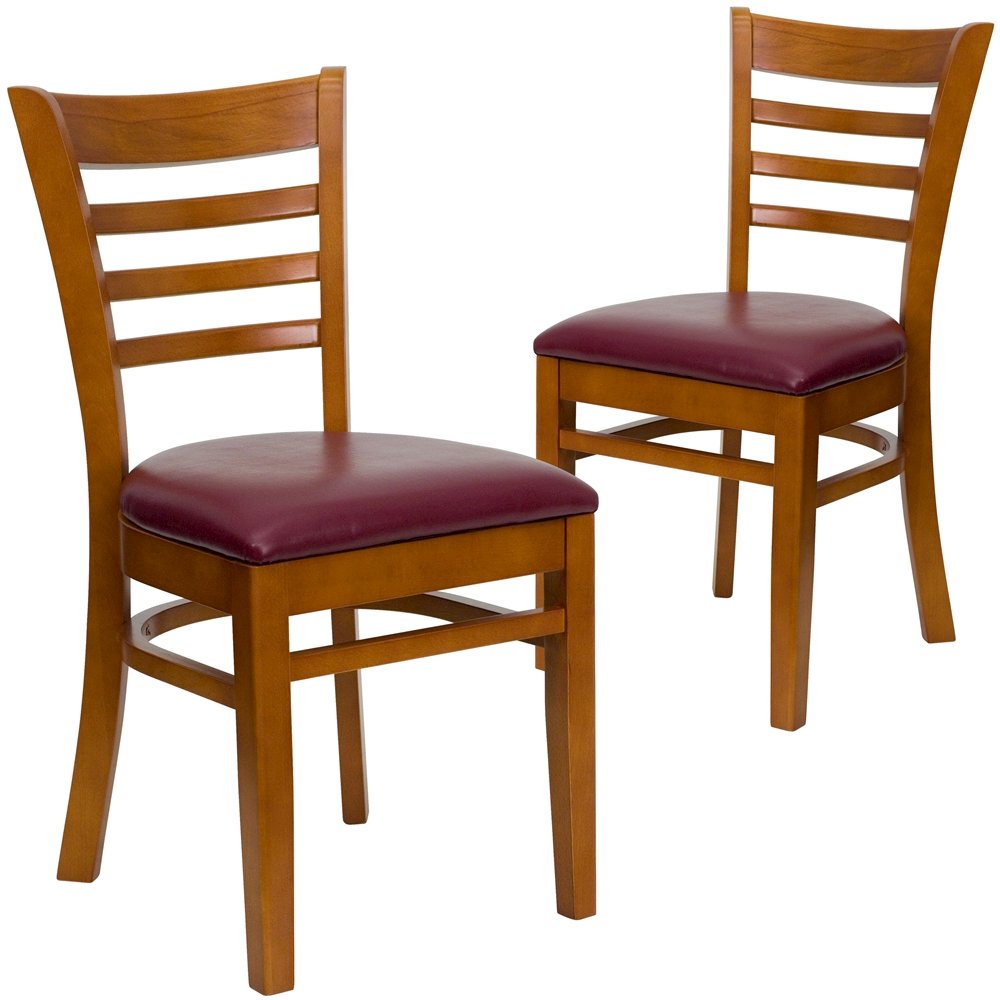 2 Pk. Cherry Finished Ladder Back Wooden Restaurant Chair - Burgundy Vinyl Seat. Picture 1
