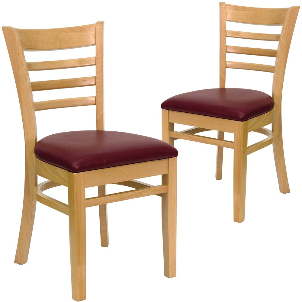 2 Pk. Natural Wood Finished Ladder Back Wooden Chair - Burgundy Vinyl Seat. Picture 1