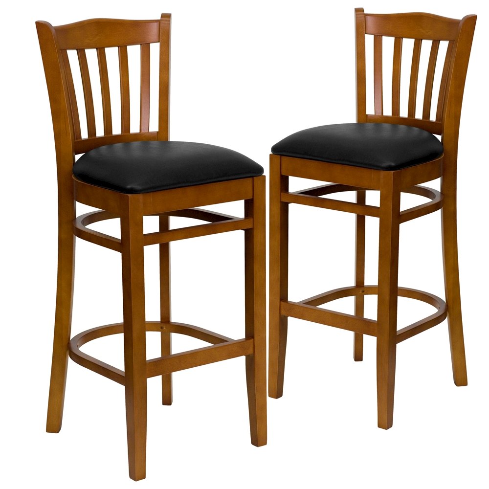 2 Pk. Cherry Finished Vertical Slat Back Wooden Barstool - Black Vinyl Seat. Picture 1