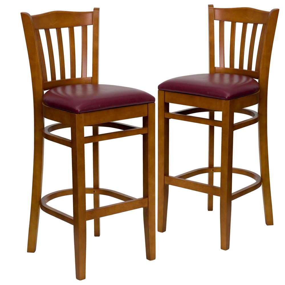 2 Pk. Cherry Finished Vertical Slat Back Wooden Barstool - Burgundy Vinyl Seat. Picture 1