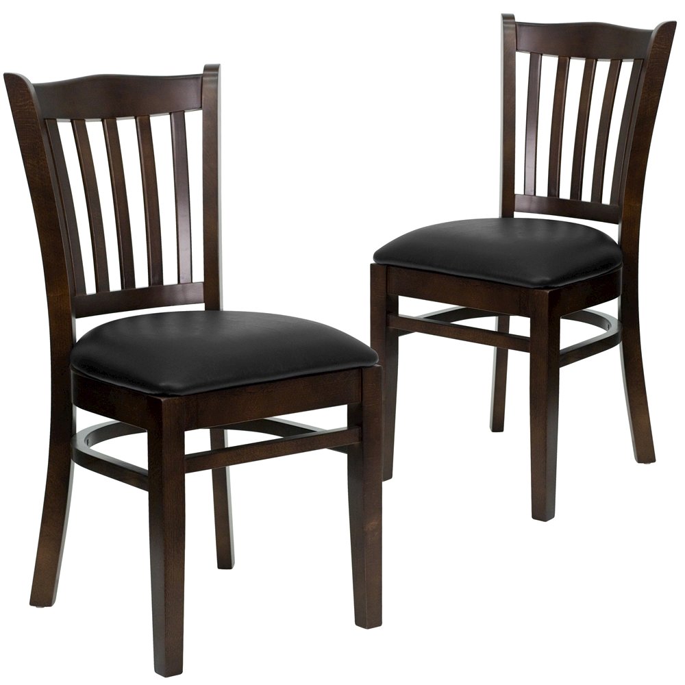 2 Pk. Walnut Finished Vertical Slat Back Wooden Chair - Black Vinyl Seat. Picture 1