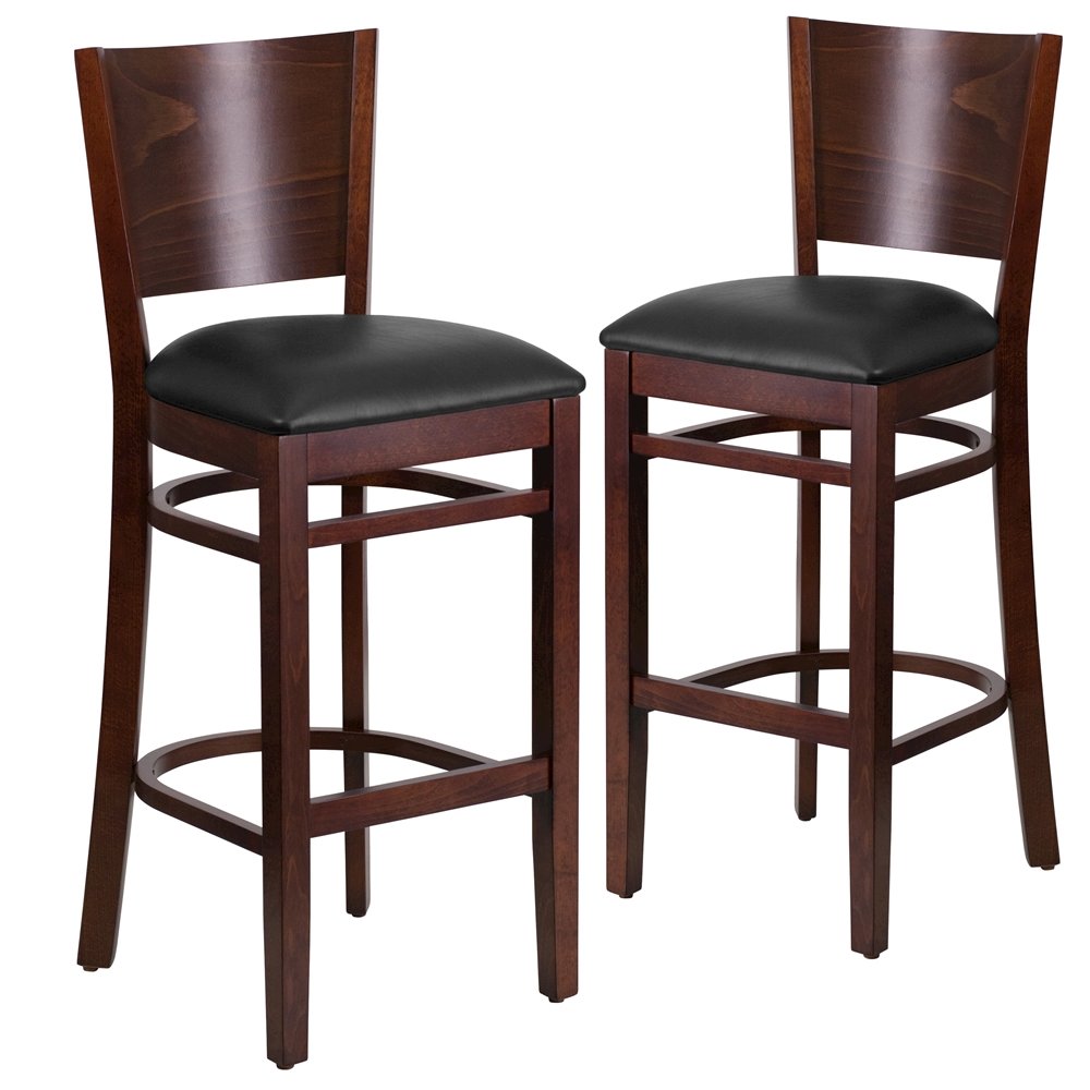 2 Pk. Lacey Series Solid Back Walnut Wooden Barstool - Black Vinyl Seat. Picture 1