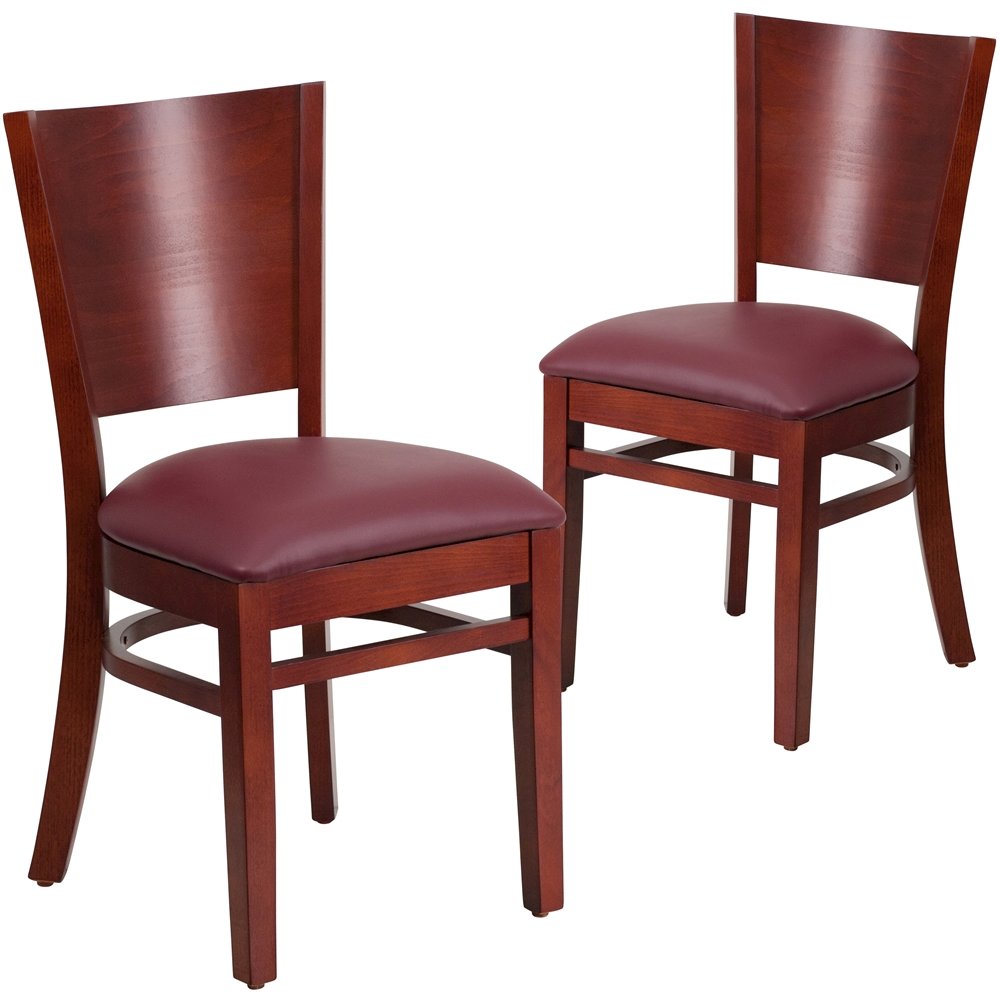 2 Pk. Lacey Series Solid Back Mahogany Wooden Chair - Burgundy Vinyl Seat. Picture 1