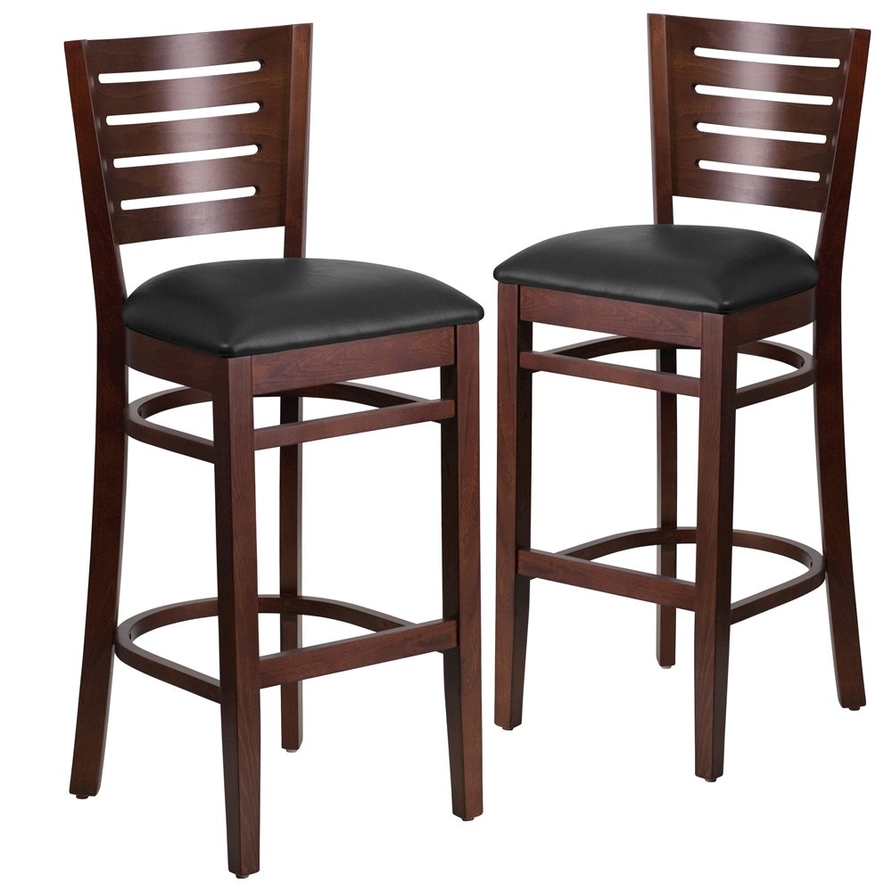 2 Pk. Darby Series Slat Back Walnut Wooden Barstool - Black Vinyl Seat. Picture 1