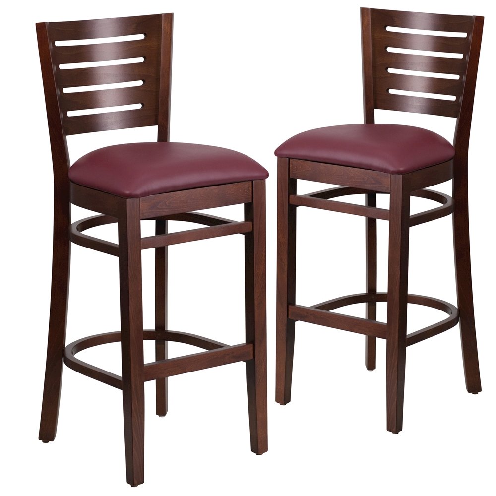 2 Pk. Darby Series Slat Back Walnut Wooden Barstool - Burgundy Vinyl Seat. Picture 1