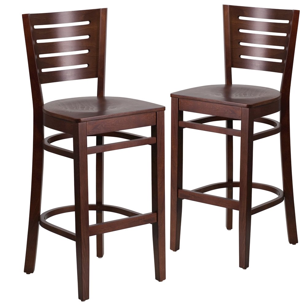 2 Pk. Darby Series Slat Back Walnut Wooden Restaurant Barstool. Picture 1