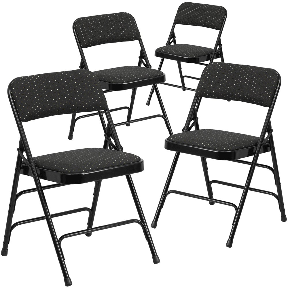 4 Pk. Curved Black Patterned Fabric Upholstered Metal Folding Chair. Picture 1