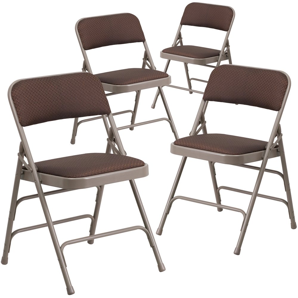 4 Pk. Curved Brown Patterned Fabric Upholstered Metal Folding Chair. Picture 1