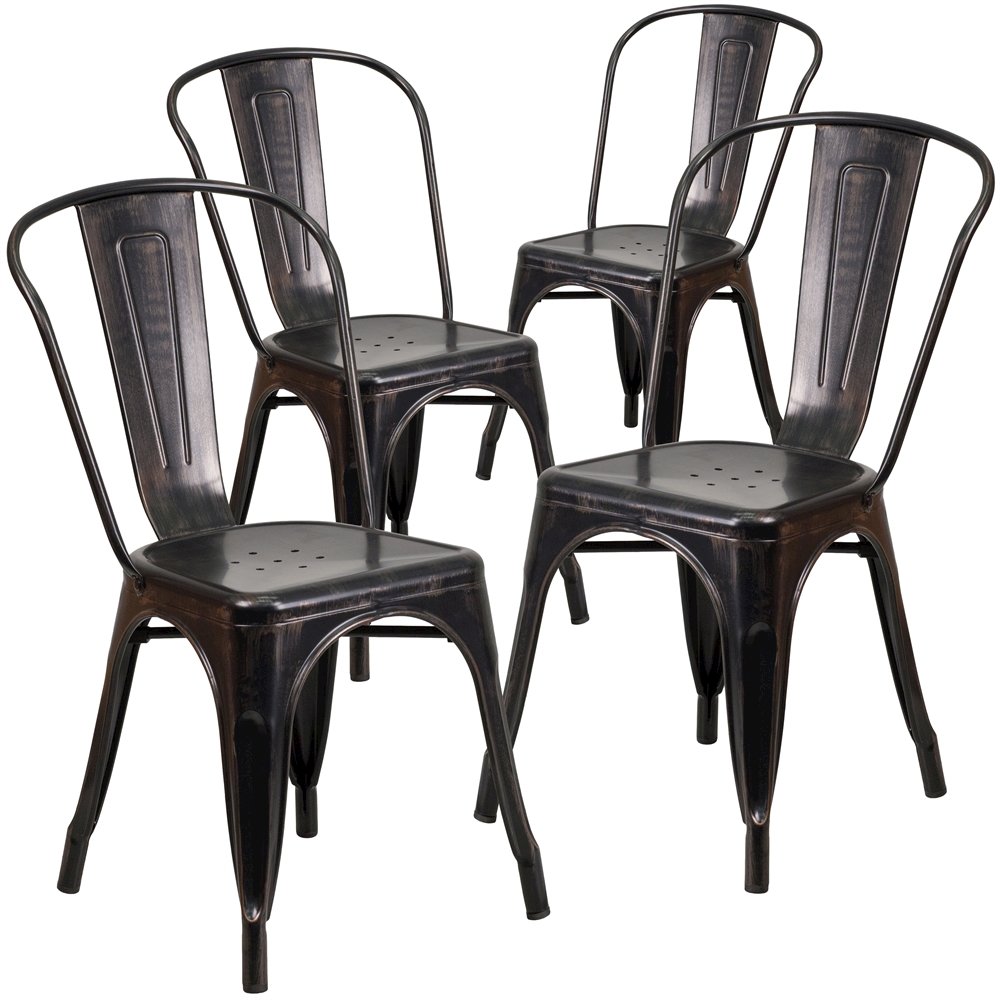 4 Pk. Black-Antique Gold Metal Indoor-Outdoor Stackable Chair. Picture 1