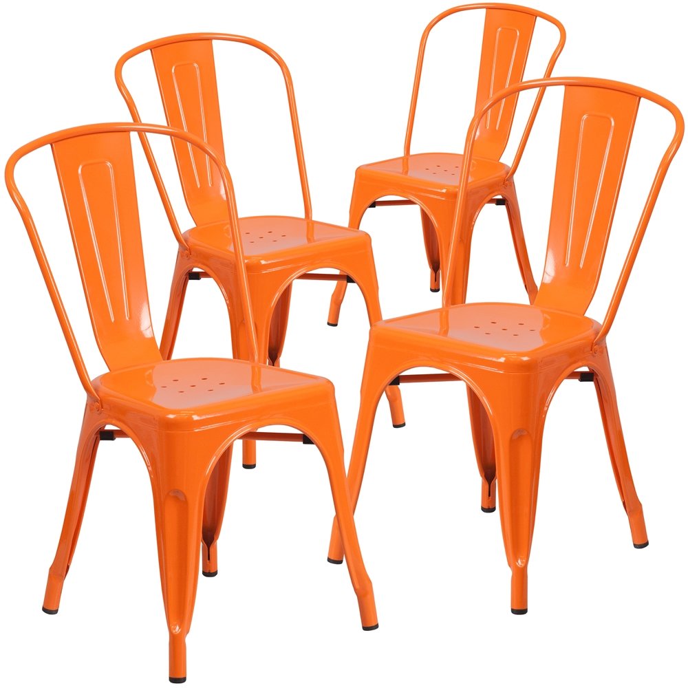 4 Pk. Orange Metal Indoor-Outdoor Stackable Chair. Picture 1